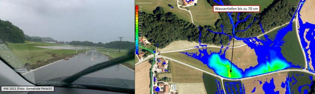 Starkregenmodell Perach: Sehr große Übereinstimmung der beobachteten Abflussphänomene mit dem errechneten 2d-Modell